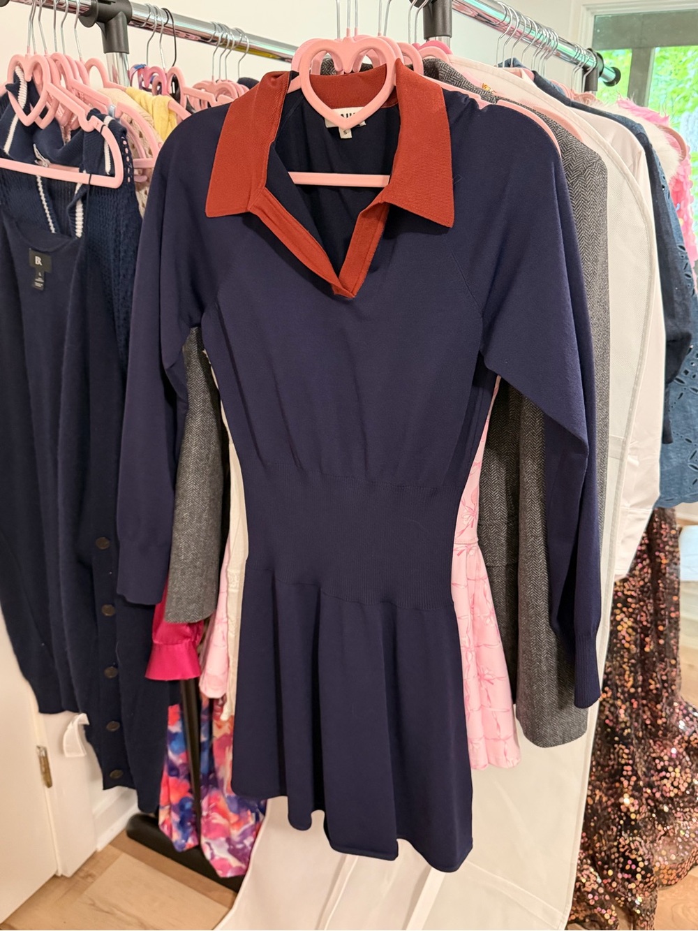 STAUD Navy Long-Sleeve Knit Dress with Rust Collar Gene
